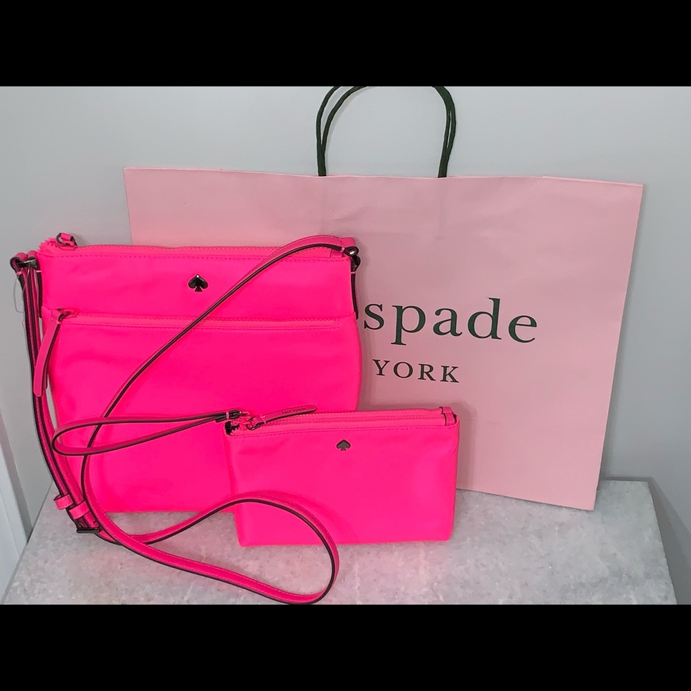 Kate Spade neon pink crossbody and wristlet